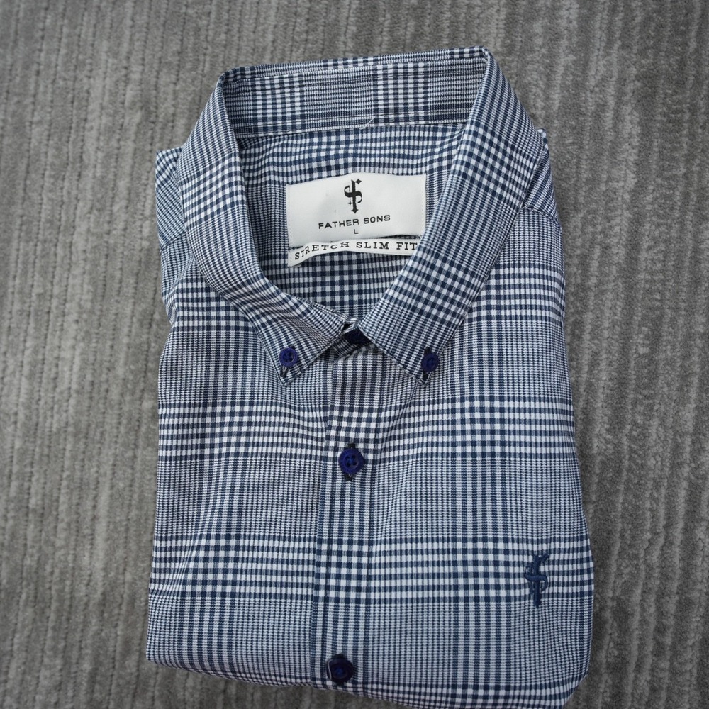 Father Sons Shirt Men Button Down  Blue Short Sleeve Stretch Slim Fit Large